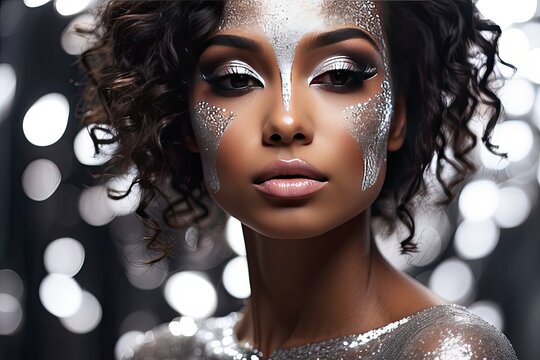closeup beautiful darkskinned woman with creative makeup with glitter, festive makeup for a party, new year, disco, holiday. 