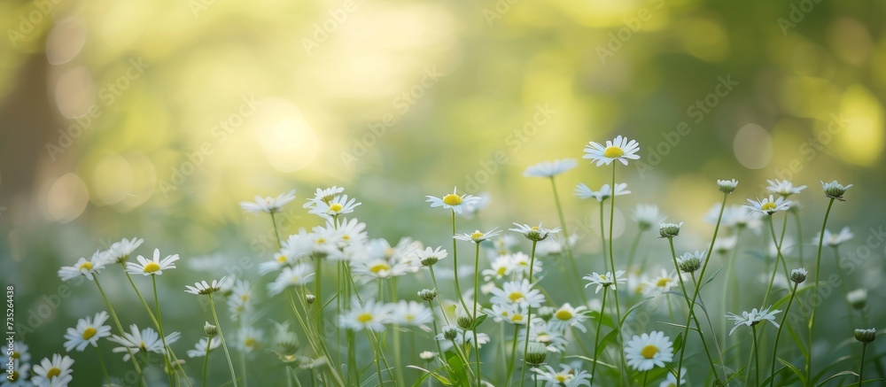 Poster Beautiful and Serene Landscape of Endless Fields of Vibrant Green and Blooming Wildflowers Under Sunny Sky