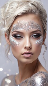 closeup beautiful woman with creative makeup with glitter, festive makeup for a party, new year, disco, holiday.