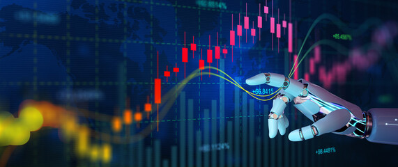 Ai Robot hand touching forex charts and diagrams stock market display on board. Investment and trading on stock market with Artificial Intelligence concept.