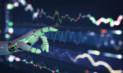 Ai Robot hand touching forex charts and diagrams stock market display on board. Investment and trading on stock market with Artificial Intelligence concept. - obrazy, fototapety, plakaty
