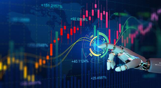 Ai Robot hand touching forex charts and diagrams stock market display on board. Investment and trading on stock market with Artificial Intelligence concept.