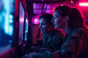 Obraz premium two female soldiers at a computer station