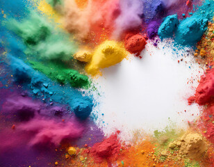 Colorful powder explosion on white background. Holi festival concept.