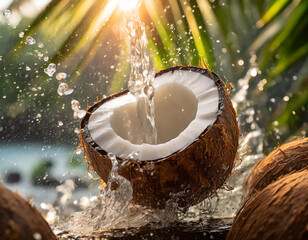 Coconut splashing into water, isolated on black background. - obrazy, fototapety, plakaty
