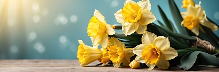 A bouquet of yellow daffodils on the table on a solid background with festive bokeh lights and copy space. A festive birthday card, March 8th, a spring gift.