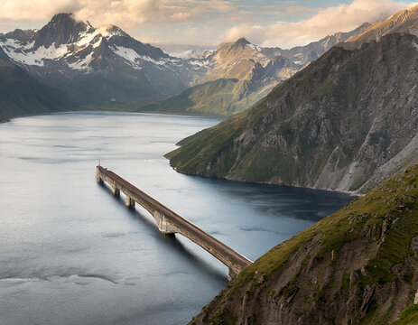Ponte interrotto in un lago di montagna