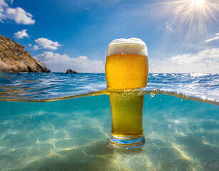 bicchiere di birra chiara mentre galleggia nel mare limpido - obrazy, fototapety, plakaty