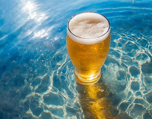 bicchiere di birra chiara mentre galleggia nel mare limpido