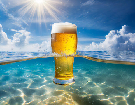 bicchiere di birra chiara mentre galleggia nel mare limpido