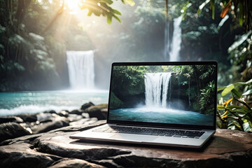 Laptop with waterfall in the tropical jungle wallpaper on table on a mountain lake in the rocks with waterfall. Remote work on vacation and travel, home office, internet, tours, trekking.  - obrazy, fototapety, plakaty
