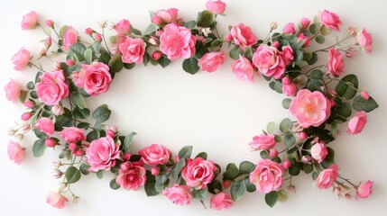 Fototapeta na wymiar Pink roses on a white background forming a chic wreath frame, perfect for stylish apartment decor.