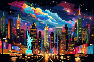 a painting of the statue of liberty in new york city - obrazy, fototapety, plakaty