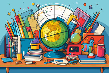a drawing of a globe surrounded by school supplies