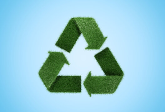 Recycle symbol of green grass on blue sky clear background, copy space 3d render illustration.