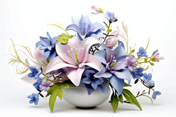 a white vase filled with blue and pink flowers