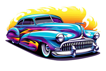 a classic car with flames on the hood