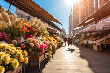 Flower market on the sunny street of the city - live cut bouquets are sold on outdoor stalls. - obrazy, fototapety, plakaty