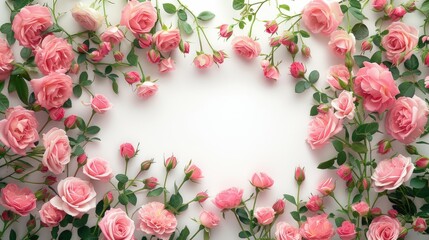 Pink roses on a white background forming a chic wreath frame, perfect for stylish apartment decor.