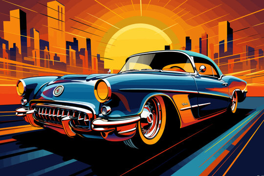 a painting of a classic car on a city street
