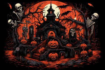 a halloween scene with pumpkins and skeletons