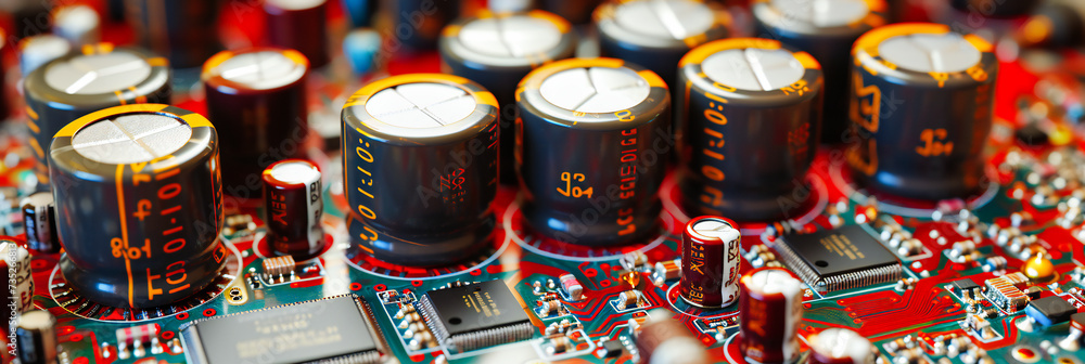Poster detailed view of an electronic circuit board, showcasing the complexity and precision of modern digi