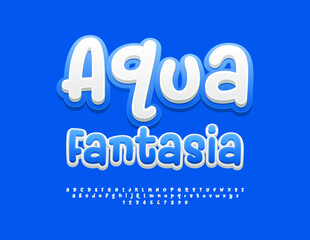 Vector creative banner Aqua Fantasia with artistic Font. Blue and White Alphabet Letters and Numbers set.