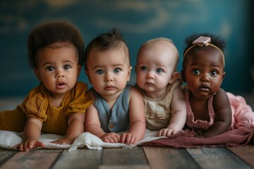 Four babies of different ethnicities lie on their tummies side by side, looking curiously at the camera