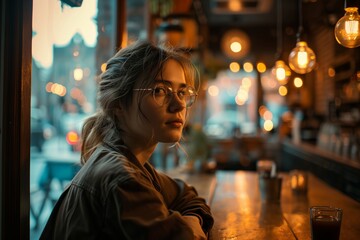 Young Woman Inside a Cozy Cafe During Evening Hours - obrazy, fototapety, plakaty