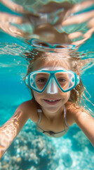 happy little girl snorkeling in clear sea