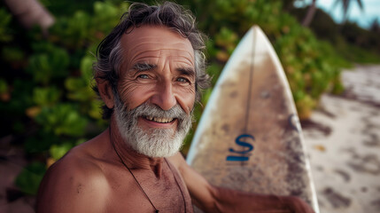 portrait of a 70 year-old man at the beach. He is holding a surfboard