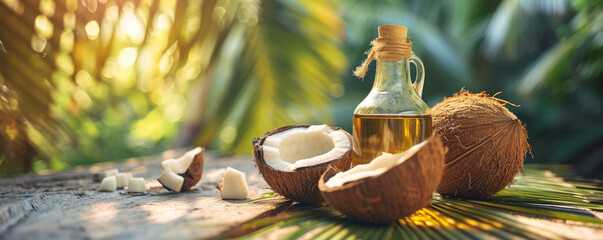 Coconut oil banner, small bottle with whole and halved fresh coconuts on a wooden table with a palm...
