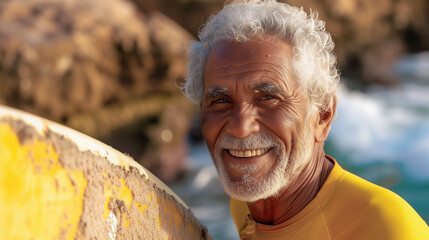 portrait of a 70 year-old man at the beach. He is holding a surfboard .png