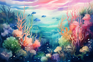 Fototapeta na wymiar a painting of an underwater scene with corals and fish
