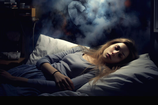 woman sleeps in her bed and has nightmares. The concept of stress, depression, and overexertion.