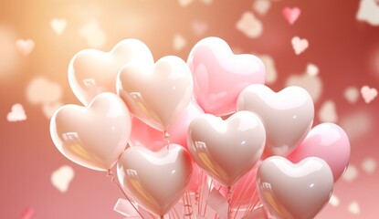 valentine's day romantic bouquet balloons with white or pink hearts on a pink background