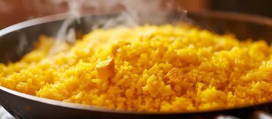 Aromatic and flavorful pan of delicious freshly cooked fluffy yellow rice