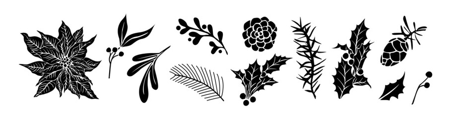 Set of Winter botanical silhouettes, twigs, berries, leaves, holly, poinsettia flower, hand drawn plants, pine cone, fir tree branches. Christmas decor vector elements on transparent background.