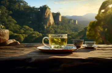 Poster tea on a table with mountain in background © yganko