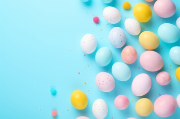 Fototapeta na wymiar colorful easter eggs arranged on a blue background easter egg