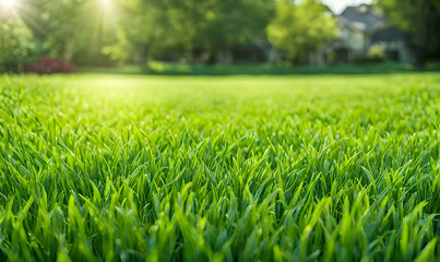 Meticulously trimmed wide lawn under a deep blue sky