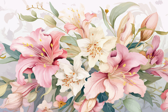 a painting of pink and white flowers on a white background
