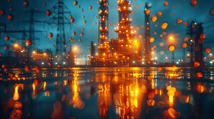 A close-up depicting the crisis in the crude oil industry, with dark background and falling droplets symbolizing financial and ecological challenges