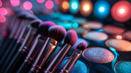 A detailed view of an artist's cosmetic kit, featuring shiny eyeshadows and soft brushes for facial elegance