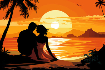 a man and a woman sitting on a beach at sunset