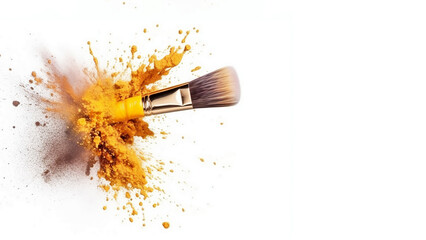 Cosmetic brush with pink and yellow powder splashes on a white background. Creative concept of make-up, decorative cosmetics. Banner with free space for text.