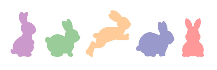 Cute spring Easter bunnies shapes colorful vector illustration. Simple icons of a rabbit hopping, sitting, jumping, rearing on hind legs. Easter bunny rabbit silhouettes. Soft spring color palette.