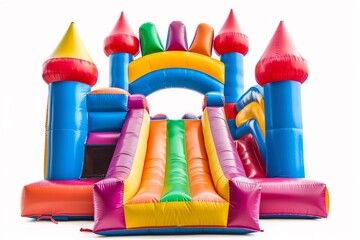 Big colorful bouncy castle, colorful inflatable bouncy castle toy isolated on white background, concept of children's playground, outdoor toy. - obrazy, fototapety, plakaty