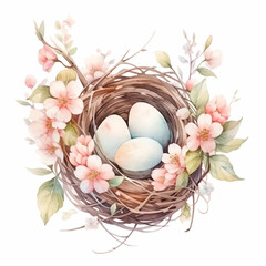 Three pastel colored eggs in bird nest with flowers. Easter greeting card with traditional symbols of spring holiday, isolated on white background. Cute watercolor style. - 735271622