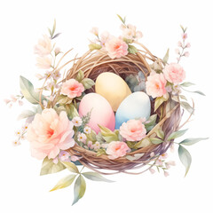 Three colorful eggs in bird's nest with flowers.Easter greeting card featuring traditional symbols of spring holiday,set against white background. Cute watercolor-style illustration. - 735271623